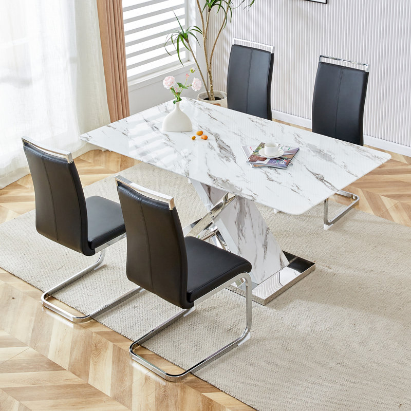 5-Piece Modern Rectangular Faux Marble Dining Set with Faux Leather Cantilever Chairs, Black