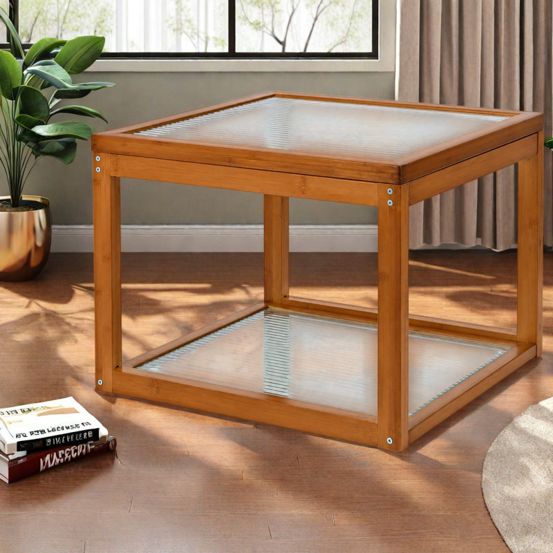 Tables basses et tables basses avec rangement, petite table moderne en verre cannelé en bambou