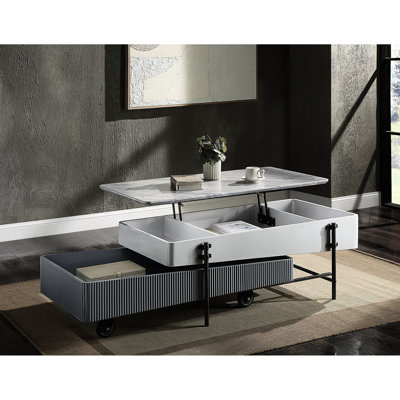 Table basse contemporaine grise et blanche avec surface relevable pratique en métal