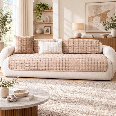 Quilted Flannel Sectional Sofa Seat Cover with Non-Slip Backing, Khaki, 35.4 x 71 Inches