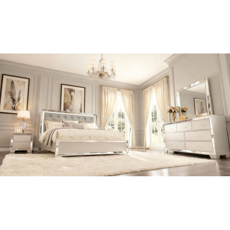 Fazeley LED Lighted Mirror - 4 Piece Bedroom Set, Queen