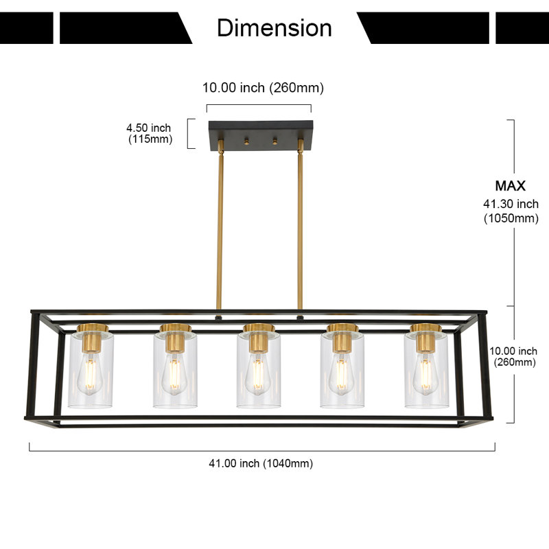 Luminaire suspendu linéaire à 5 lumières pour îlot de cuisine Shamima, Noir / laiton brossé