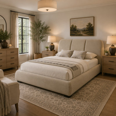Moke Queen Platform Bed, Foam Fill Flared Headboard, Brown Upholstery