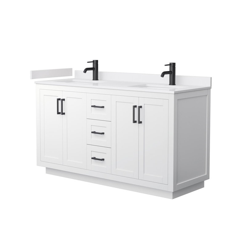 Ensemble de meuble-lavabo double 60 po avec plateau en marbre de culture Miranda, Blanc, Noir mat, Marbre de culture blanc