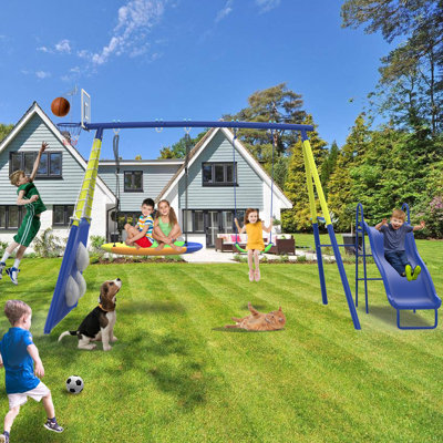 SUMIJ 5 in 1 Metal Kids Swing Sets with Heavy Duty Outdoor A-Frame Metal Swing Stand for Playground