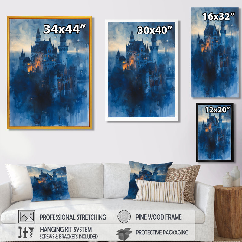 Impression sur toile orange, orange et bleu, château gothique de Dracula, Toile encadrée noire simple