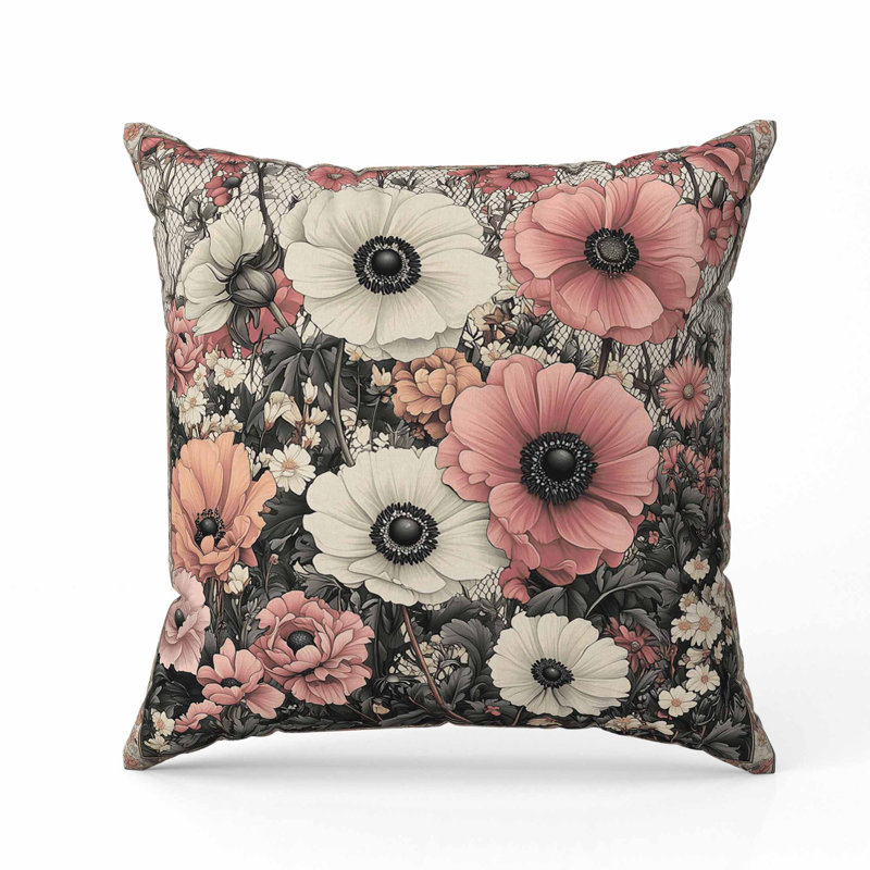 Floral Array Faux Suede Pillow, Pink/Gray, Square 18"