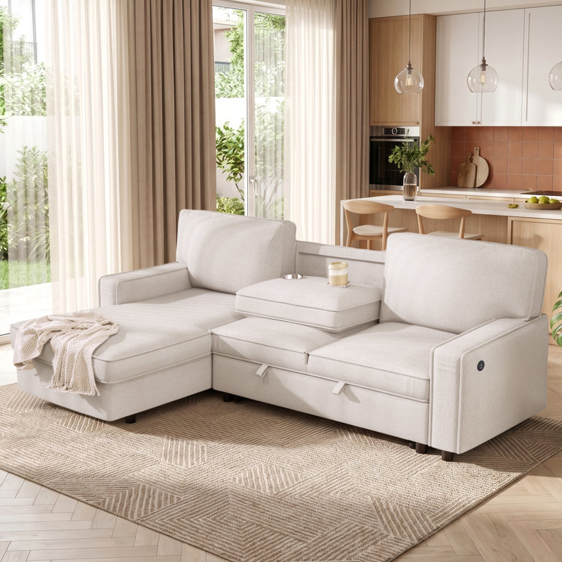 Canapé-lit modulaire rembourré en chenille avec méridienne réversible, rangement USB, porte-gobelets