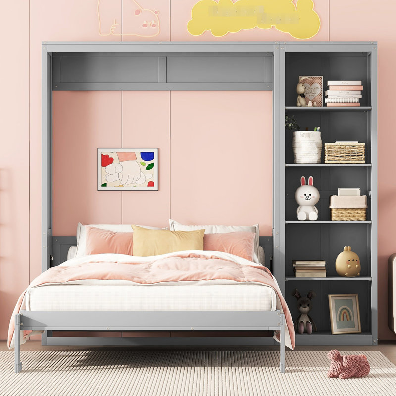 Mur de lit double avec tablettes, gris - peu encombrant pour les gymnases à domicile, armoire pliable, bureau, chambre d'amis et tablettes en contreplaqué
