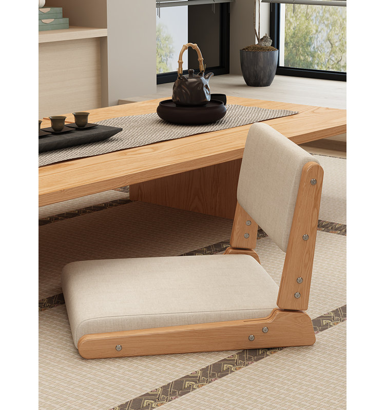 Chaise de plancher japonaise avec support pour le dos, chaise de méditation pliable avec coussin pour le salon, la chambre et la baie vitrée, noyer