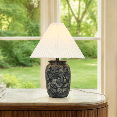 1-Light Modern Porcelain Round Table Lamp with Pleated Linen Shade, Blue for Living Room