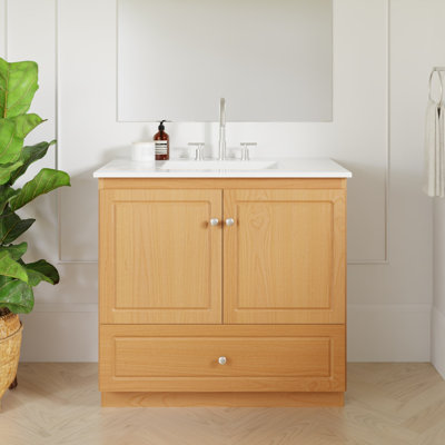 Ultraline 37 in. W x 22 in. D x 35 in. H Vanity with No Side Drawers in Natural Alder with Ceramic Vanity Top in White