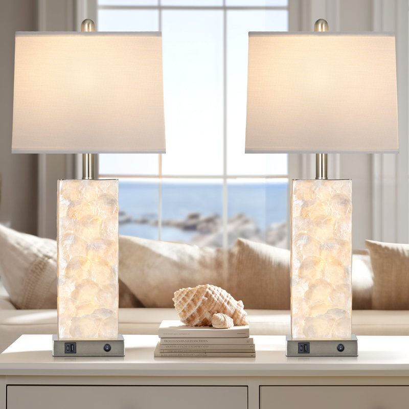 28” Elegant Shell-Inspired Table Lamp with USB Charging Ports, LED Bulbs and Nightlight, Nickel