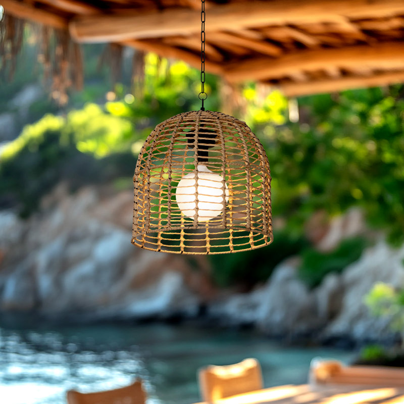 SUNJOY Outdoor Chandelier Wicker Hanging Light Fixture with Remote Control - Black, Light Brown