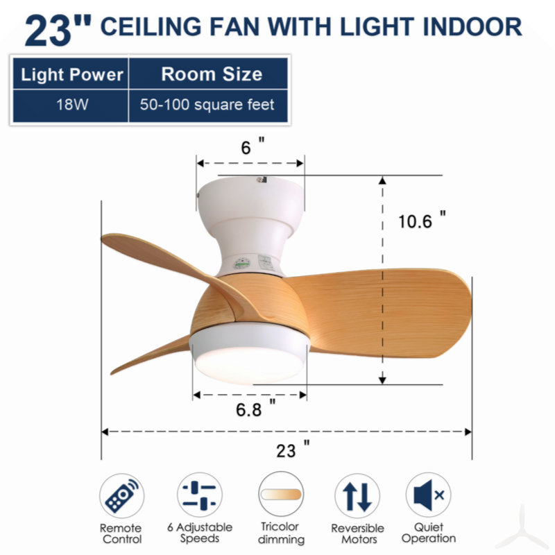 Mini ventilateur de plafond à DEL 23 pouces avec 3 moteurs à courant continu à télécommande 3 lames à intensité variable pour la chambre à coucher
