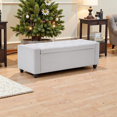 48" Faux Linen Upholstered Storage Ottoman Bench With Arms