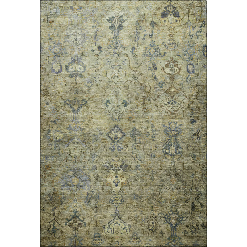 Premium Machine Washable Mayfield Global Rug, Green, 9' x 12'