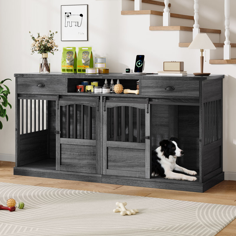 Meuble télé avec cage double pour chien de 183 cm (72 pouces) et rangement, style ferme, pour chien., Gris