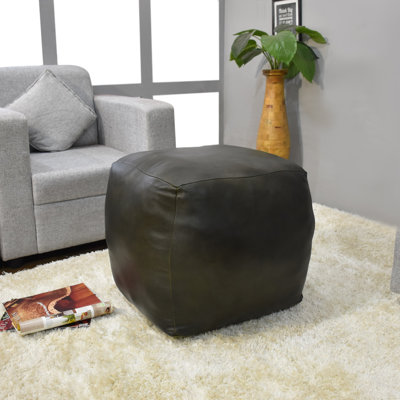 BBH HOMES HANDMADE ECO-FRIENDLY SQUARE SHAPED STUFFED BUFFALO LEATHER GREEN POUF - 14" x 14" x 14", Square Shape, Green Color, Plain Solid Design, Genunie Buffalo Leather, Recycled Cotton Stuffed, Seating Pouf For Living Room, Study Room, Patio & Office