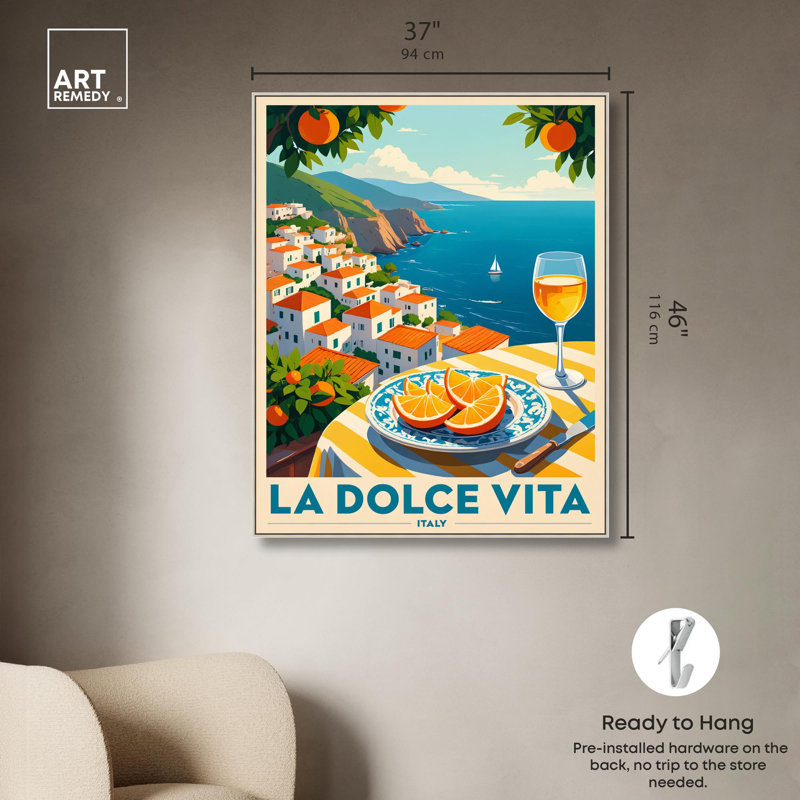 «A Toast to Italy» par Art Remedy, H 46 po x l 37 po, Cadre argenté