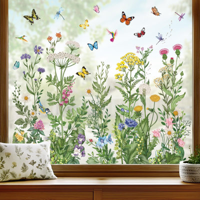 Spring Summer Wild owers Window Clings Vintage Wildfloral Butterflies Glass Sticker Decal Anti Collision Double-Side Static Window Stickers for Home Glass Window