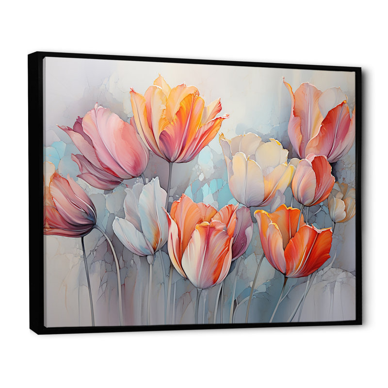 Minimalisme, tulipes rouges et grises sur toile, Cadre flottant noir, 16" H x 32" W