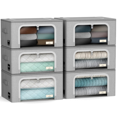 Sorbus Fabric Storage Bins: Stackable, Foldable Organizer Bags, with Clear Window (Set of 6), Grey