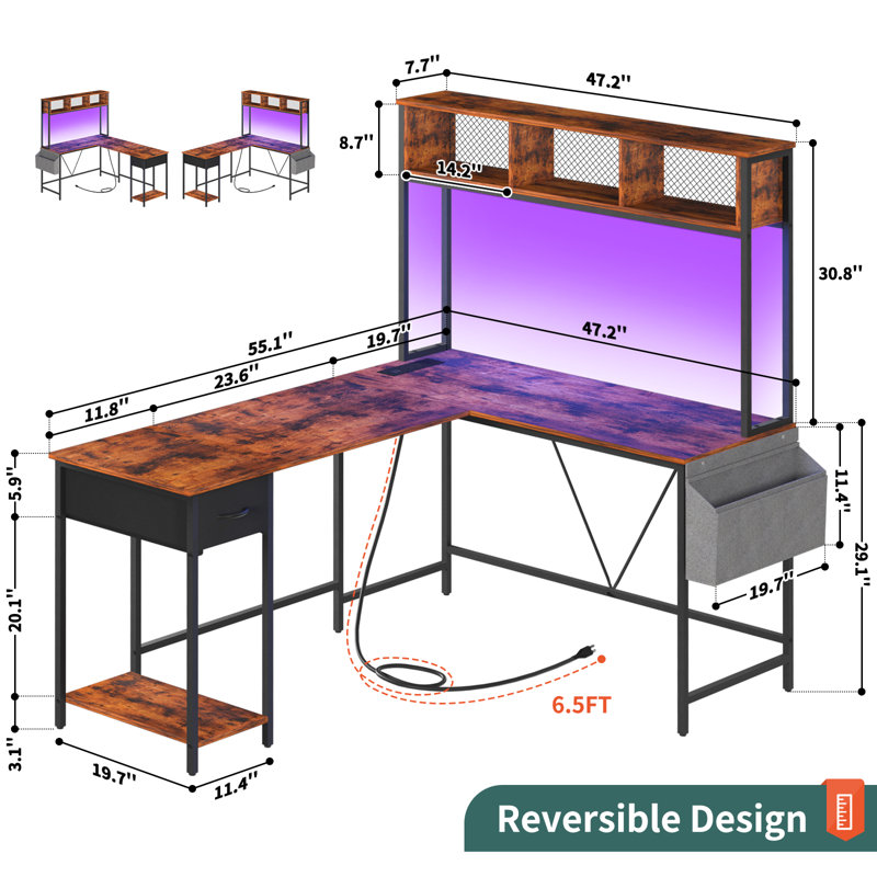 55 Inch L Shaped Desk With Power Outlet And Led Lights,Corner Gaming Desk With Storage Shelf,Computer Desk L Shape For Home Office