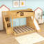 Lit superposé simple au-dessus de double en bois avec escalier de rangement, glissade, garde-robe-251113383