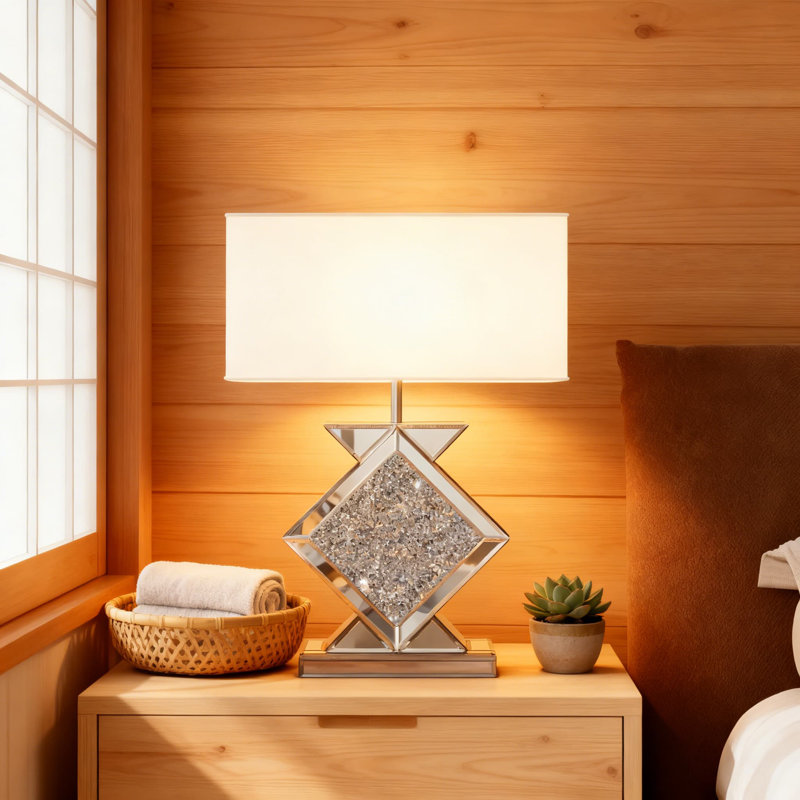 Modern Crushed Diamond Table Lamp With Mirrored Base And Linen Shade, 3-Way Dimmable Rectangular Bedside Lamp For Bedroom, Living Room, And Office Lighting