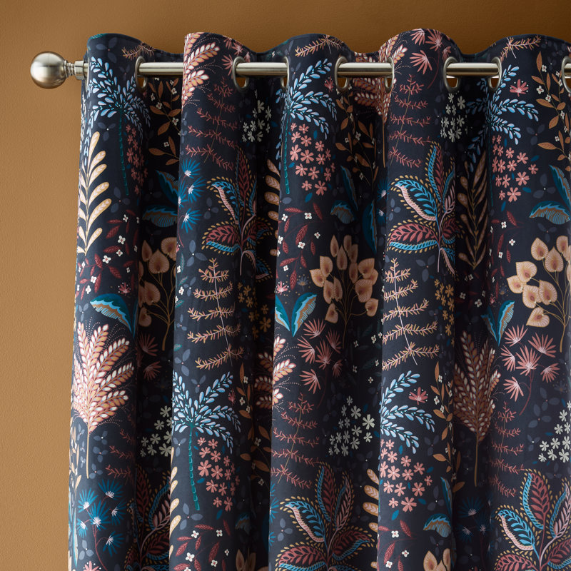Exotic Leaves Soft Recycled Polyester Velour Eyelet Curtains, 46cm Width x 137cm Drop