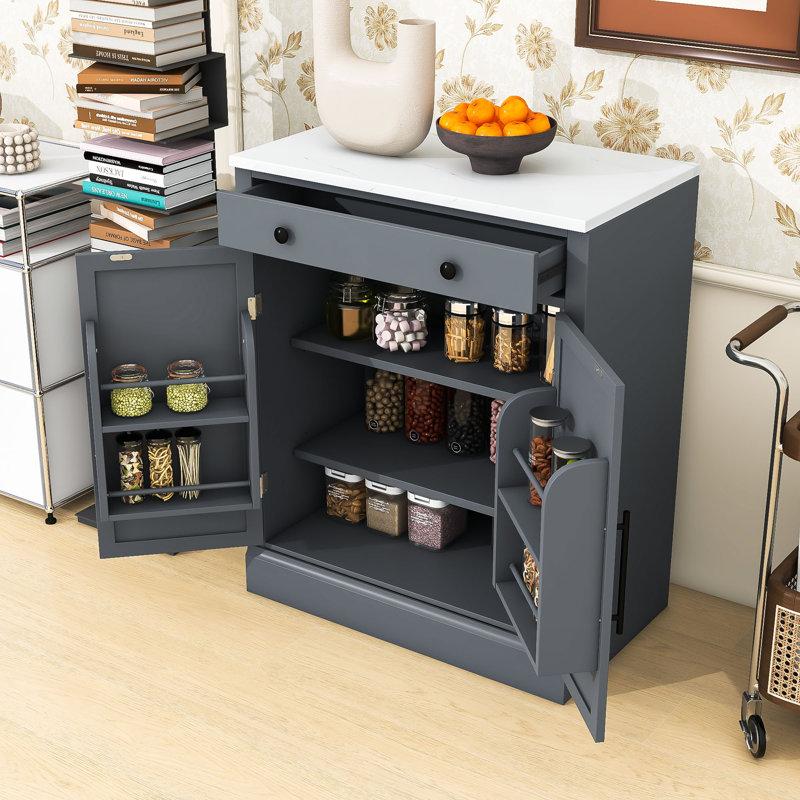 Kitchen Pantry with Faux Marble Top, Adjustable Shelves, Pull-out Drawer and Cabient, Gray
