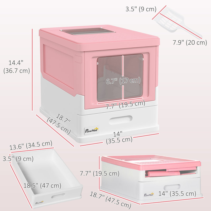 Bac à litière fermé pour chat avec pelle, plateau, entrée par le haut, pliable, rose