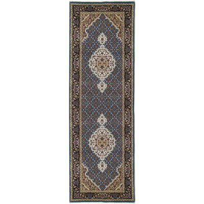 Tapis de couloir bleu / noir / ivoire de haute qualité noué à la main India
