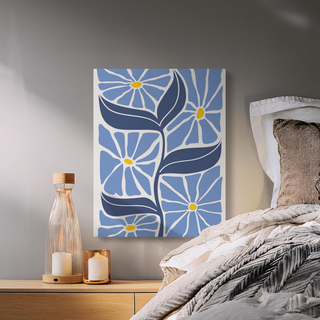 Blue Floral Abstract Canvas Wall Art, Mid Century Flower Print, Boho Botanical Daisy Decor, Aesthetic Home Living Room Bedroom Office Gift
