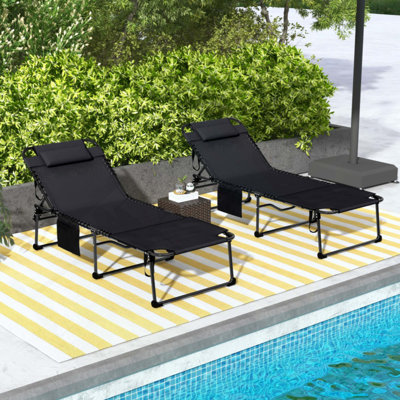 2 Piece Folding Chaise Lounge With 5-Level Reclining Back, Outdoor Chair With Reading Face Hole, Outdoor Lounge Chair With Side Pocket & Headrest For Beach, Yard, Patio