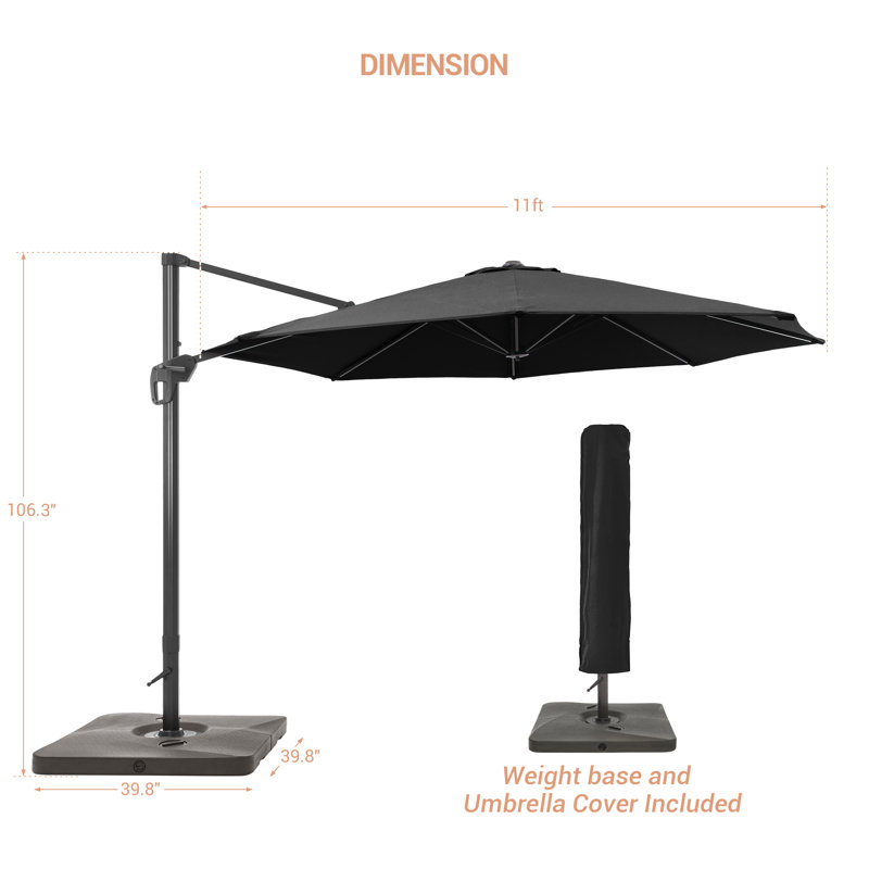 Parasol en porte-à-faux 11 pi avec base Cathleen, Noir