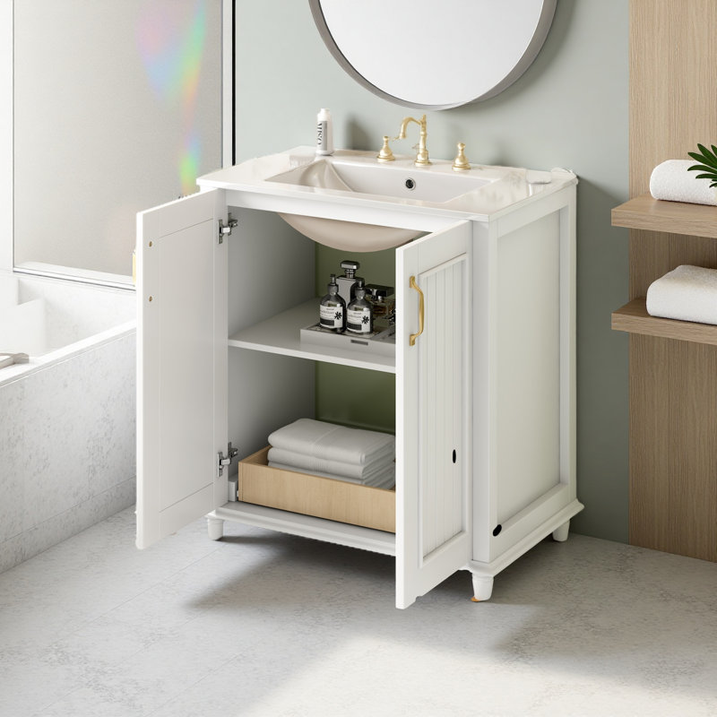 Meuble-lavabo de 30 po avec lavabo en céramique, ensemble de meuble-lavabo autoportant avec tiroir caché, armoire de rangement pour la salle de bain
