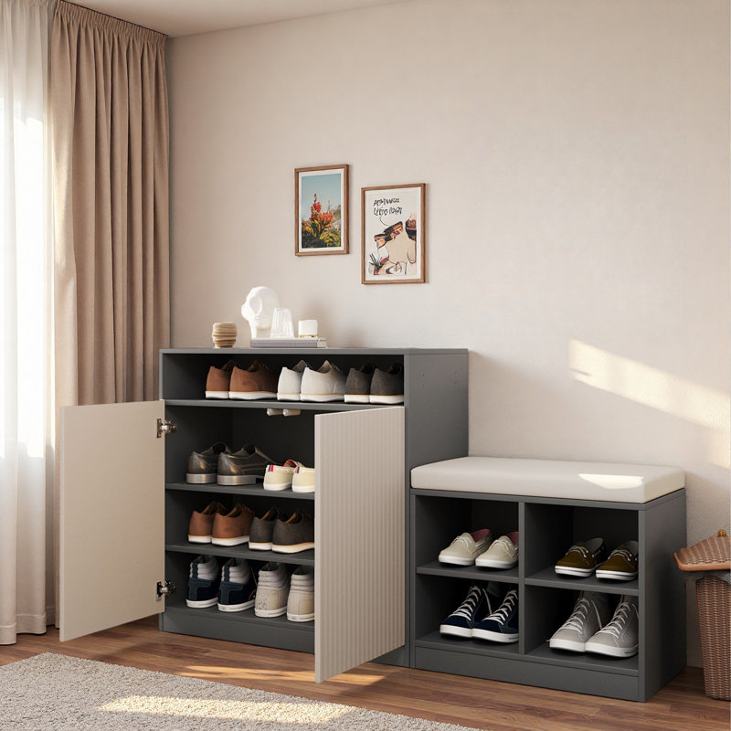 Stylish Shoe Cabine With 2 Doors, 3-tier Adjustable Shelves, Open Space, Hooks, Shoe Bench With 4 Open Shoe Racks And Removeble Cushion