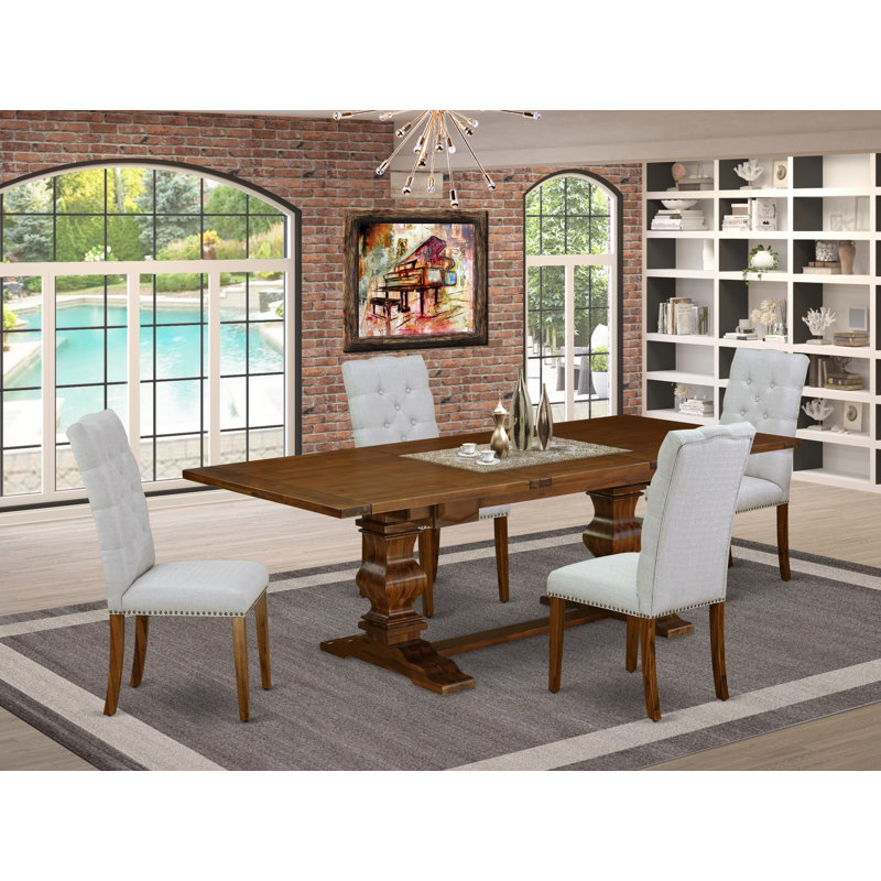  Piece Dining Table Set for 4 Includes a Rectangle Kitchen Table with Removable Leaf and 4 Grey Linen Fabric Parson Dining Chairs, Antique Walnut