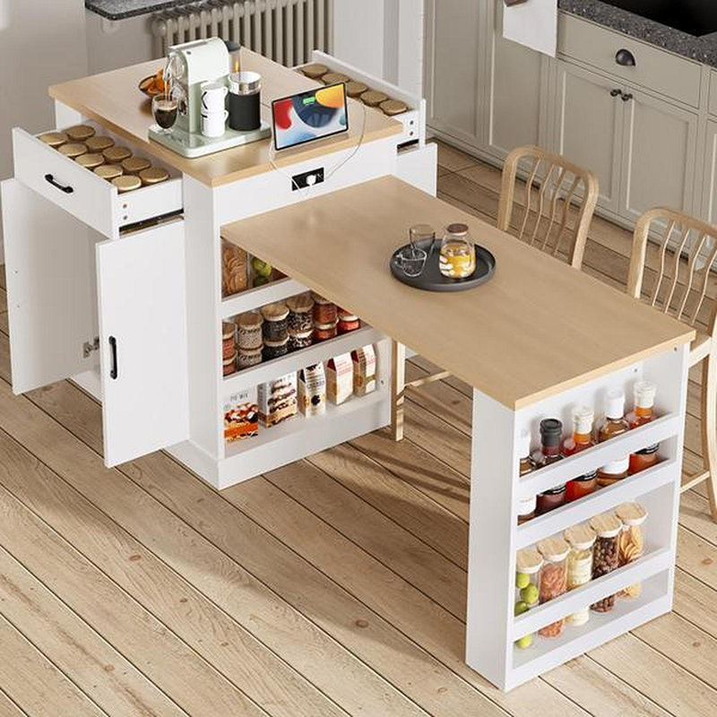 Console d'îlot extensible avec tiroirs, armoire à deux portes et tablettes ouvertes. Sert de table de salle à manger, de bar pour le petit-déjeuner temporaire et de salon de thé l'après-midi, blanc