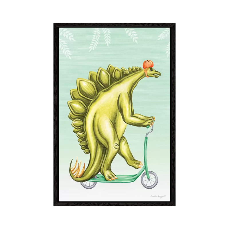 Stegosaurus On Scooter by Amélie Legault - Painting on Canvas, 66.04cm H x 45.72cm W x 3.81cm D, Black Floater Framed