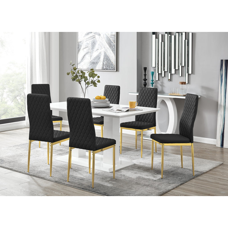 Edzard Double Pedestal High Gloss Dining Table Set with 6 Luxury Faux Leather Dining Chairs, Black/Gold