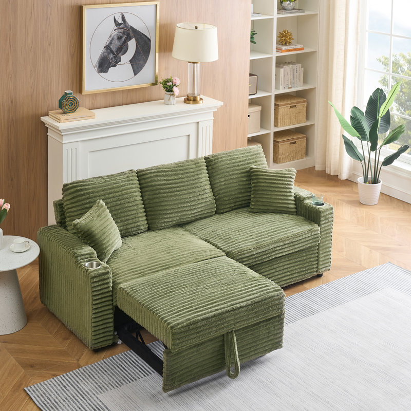 Canapé pliant polyvalent deux-en-un avec fonction couchée pliable et cachée, revêtement en velours côtelé, porte-gobelet et oreiller, idéal pour le salon
