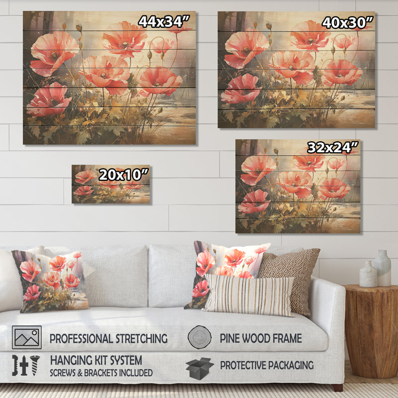 Red And Green Poppy Reverie III - Poppies On Wood Print, 10" H x 20" W x 0.78" D