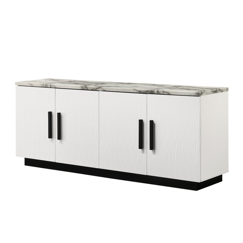 Console de 63 po en faux marbre blanc, 4 portes, tablette réglable, base noire, rangement artisanal avec touche de marbre, procédé de fabrication contrastant