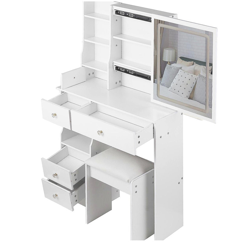 29.2" Small Size Left Drawer Desktop Vanity Table + Cushioned Stool, Large Sliding, Touch Control, Tri-color Switching, Brightness Adjust LED Mirror, High Capacity Storage, Suitable for Small Space