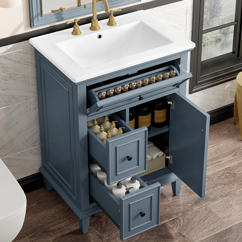 Meuble-lavabo avec lavabo, meuble-lavabo avec tablette réglable, un tiroir rabattable et deux tiroirs, Bleu gris