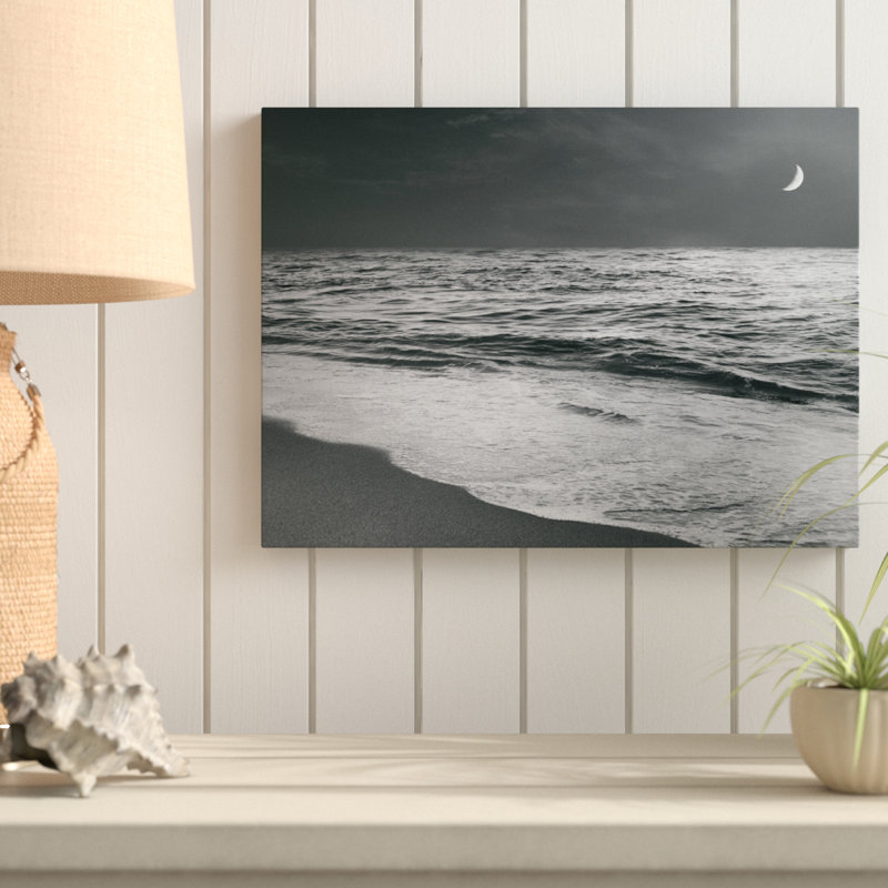 Art mural sur toile tendue - art mural «Moonrise Beach Black and White» de Sue Schlabach pour le salon, la chambre à coucher ou le bureau - 14 x 19