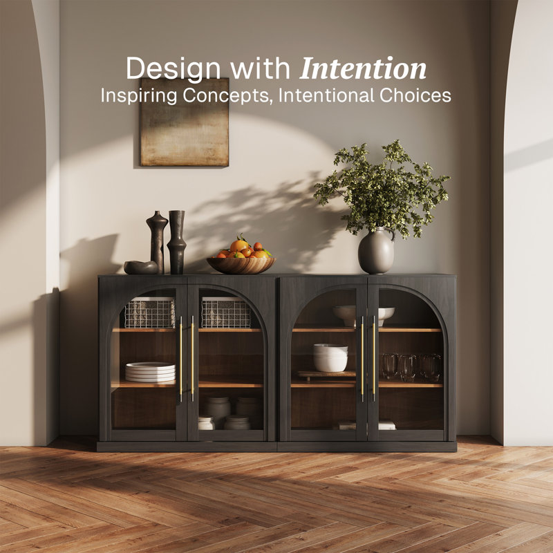 Set of 2 Modular Sideboard with Arched Glass Door and Adjustable Shelves, Ebony, Ebony